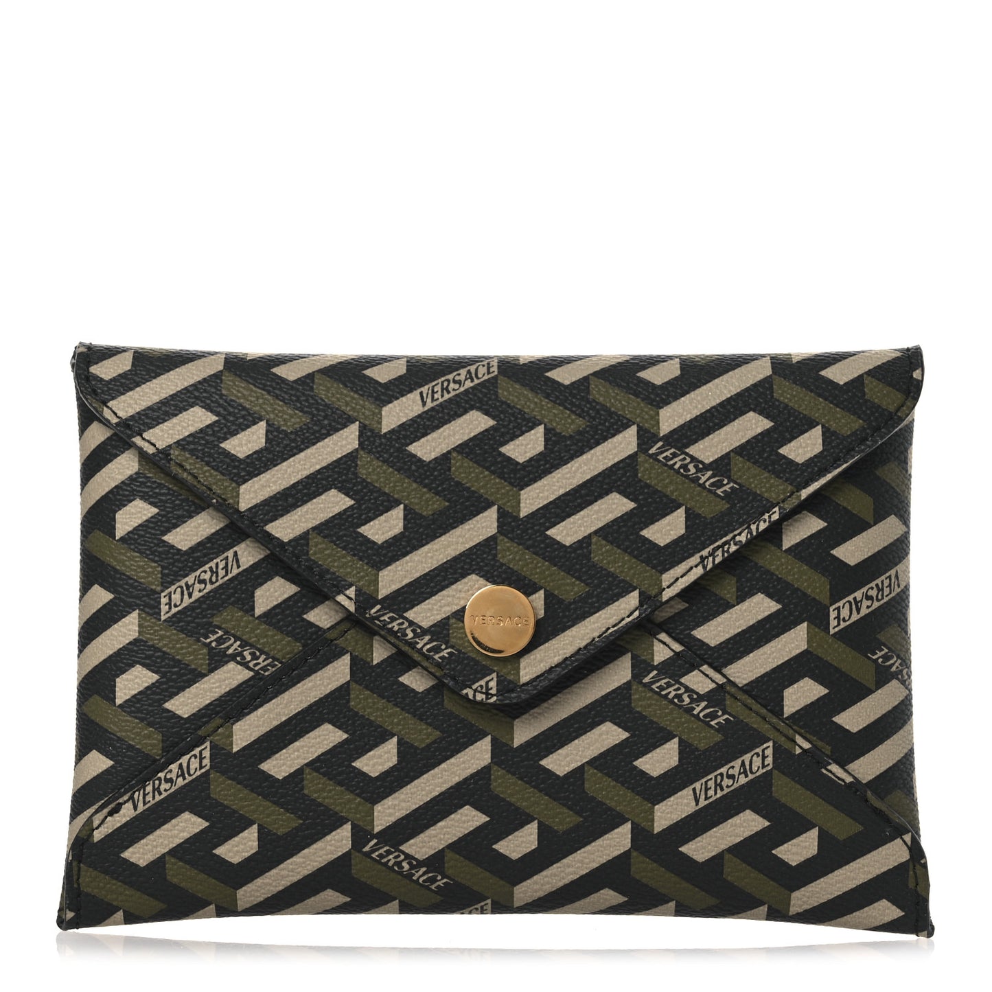 Coated Canvas Calfskin LA Greca Envelope Pouch Black Green Beige
