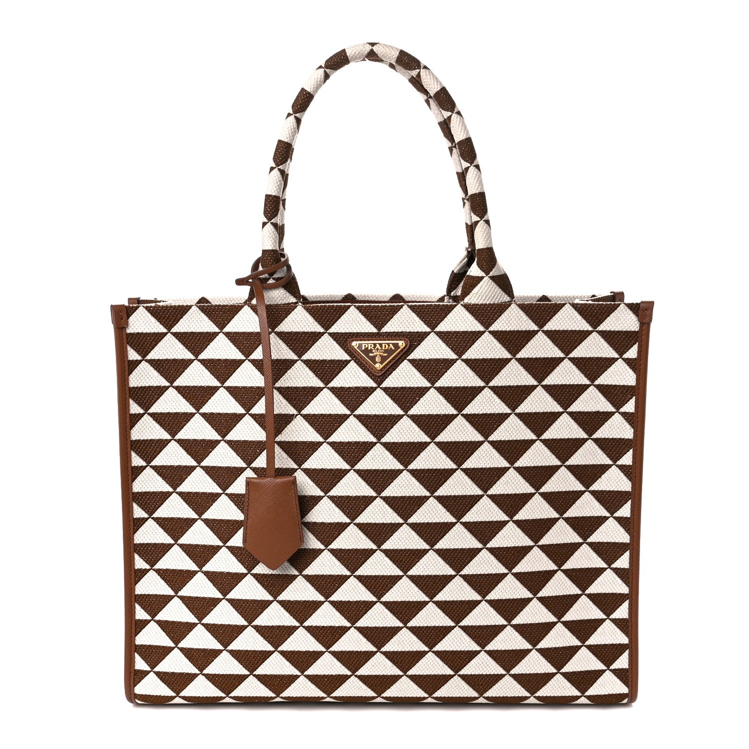 Prada Jacquard Saffiano Triangolo Symbole Embroidered Large Tote Tobacco Talco 1 of 12