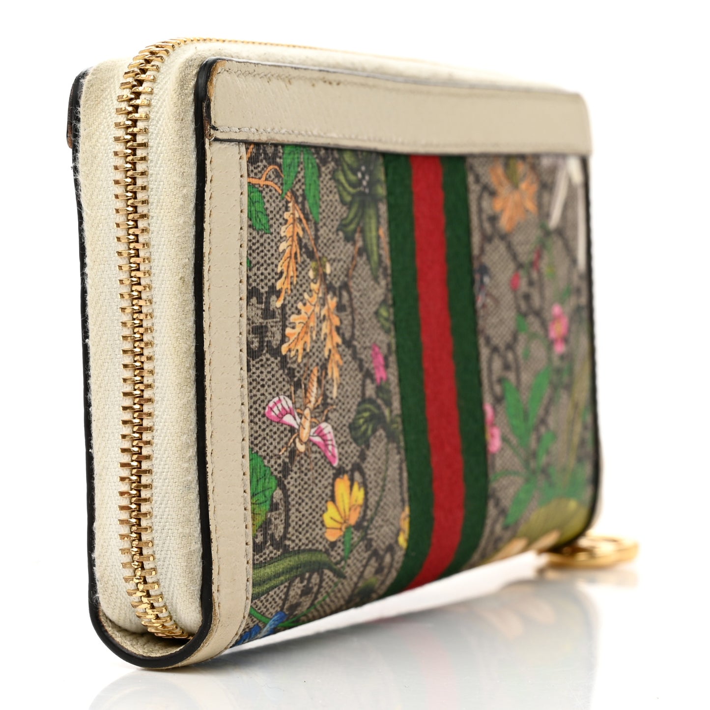 GG Supreme Monogram Flora Ophidia Zip Around Wallet White