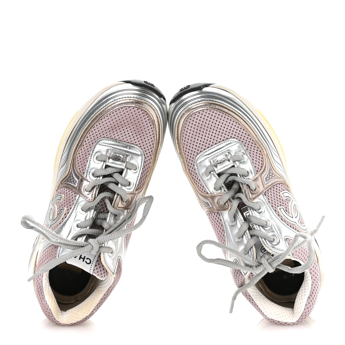 Fabric Laminated Calfskin Stretch CC Womens Sneakers 37 Purple Silver