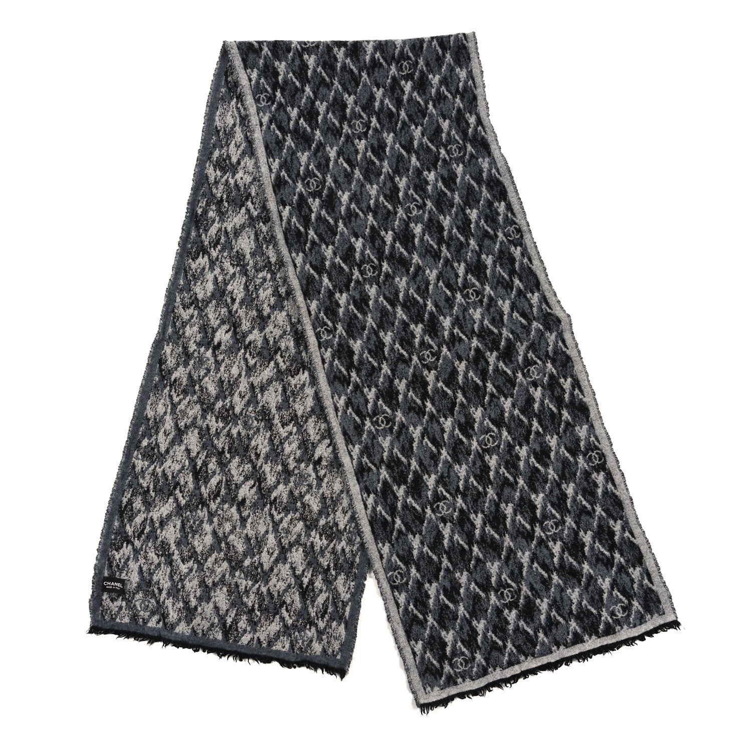 Chanel Wool Cashmere CC Scarf Grey Black 2 of 3