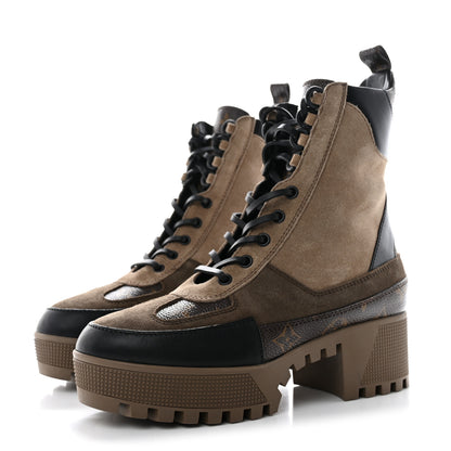 Louis Vuitton Suede Calfskin Monogram Laureate Platform Desert Boots 37 Taupe 3 of 11