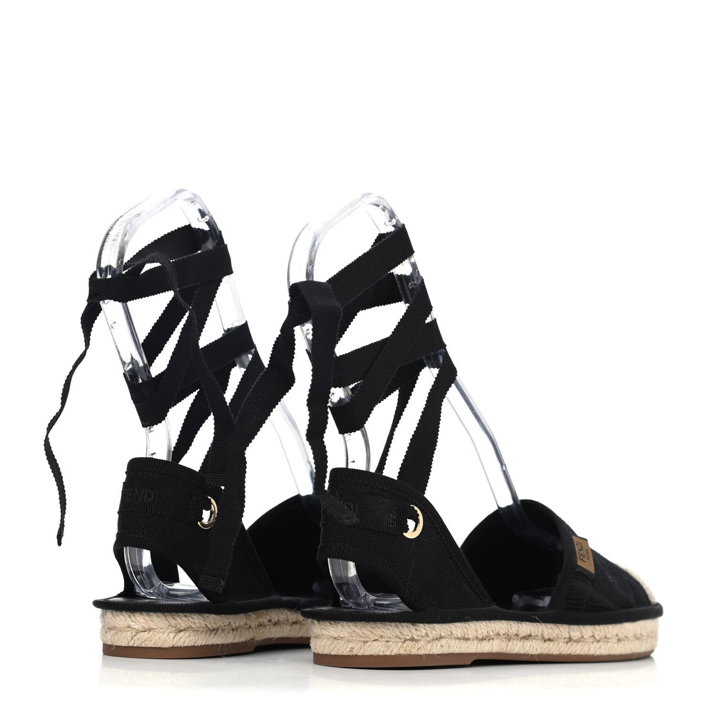 Canvas FF Embroidered Roma Ankle Wrap Flat Espadrilles 36 Black