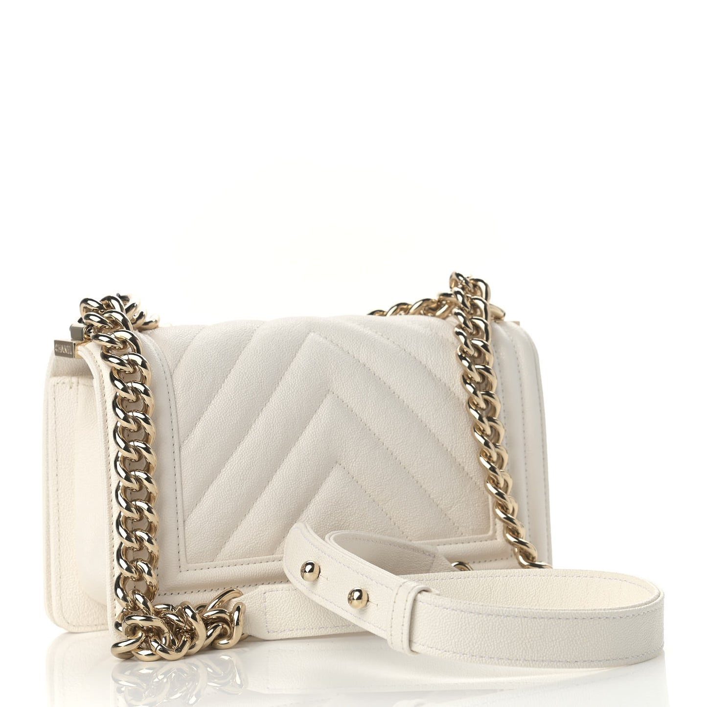 Caviar Chevron Quilted Small Boy Flap White