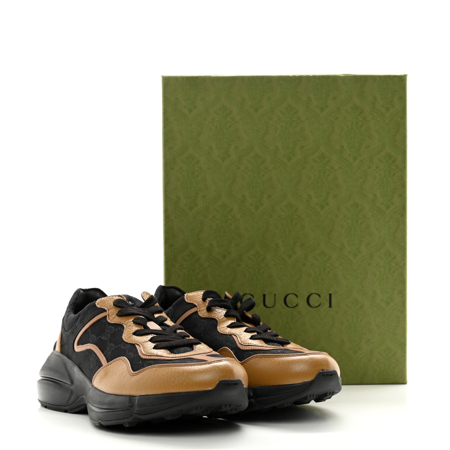 Gucci Monogram Textured Dollar Calfskin Mens Rhyton Sneakers 8 Black Khaki Beige 12 of 12