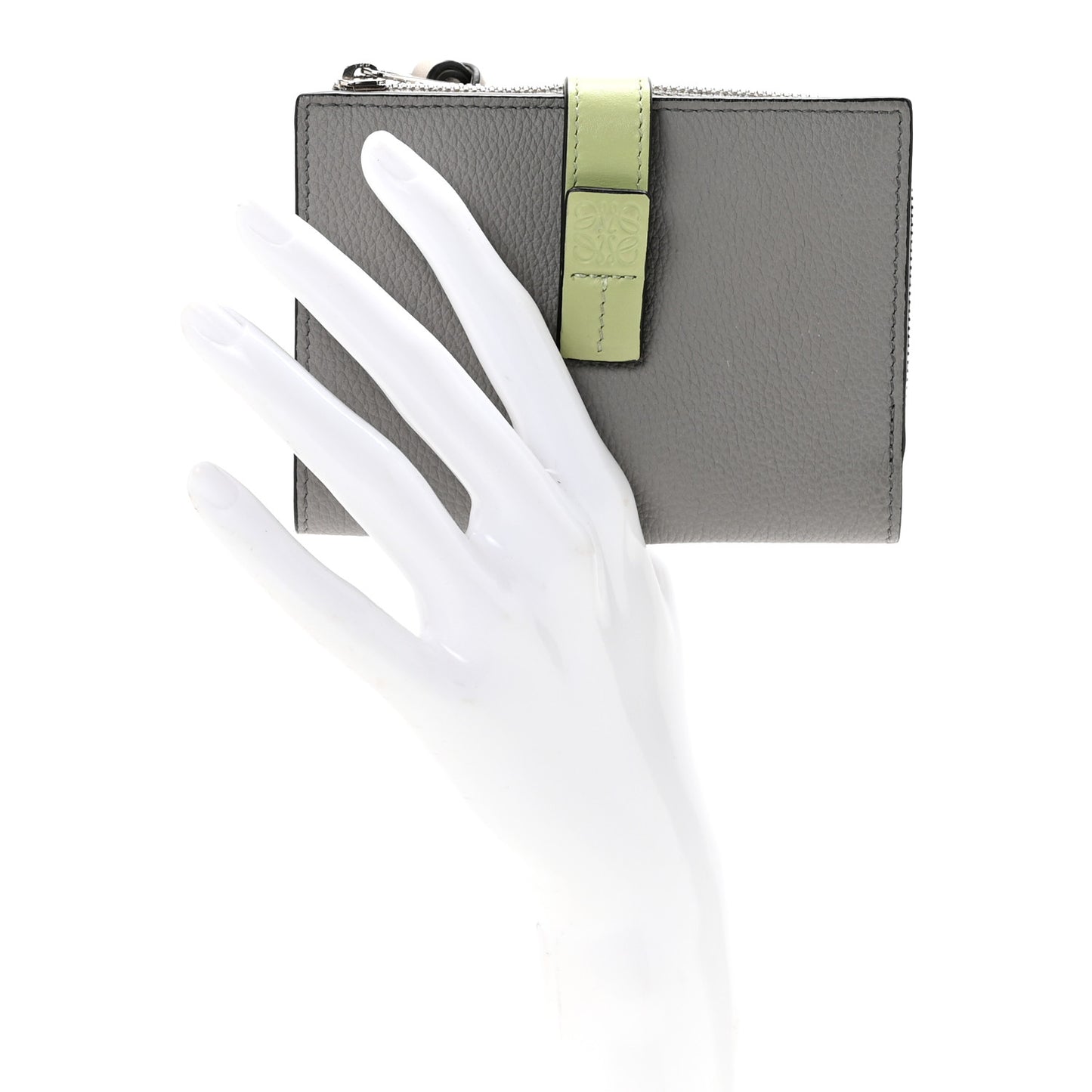 Grained Calfskin Small Vertical Wallet Pearl Grey Light Pale Green