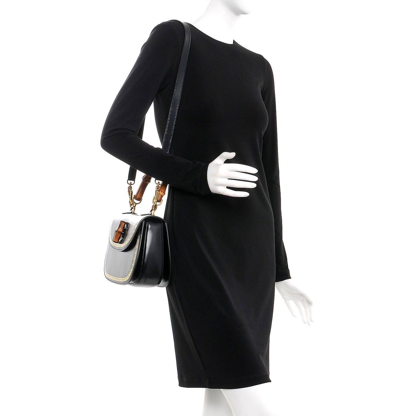Calfskin Frame Print Bamboo Top Handle Bag Black