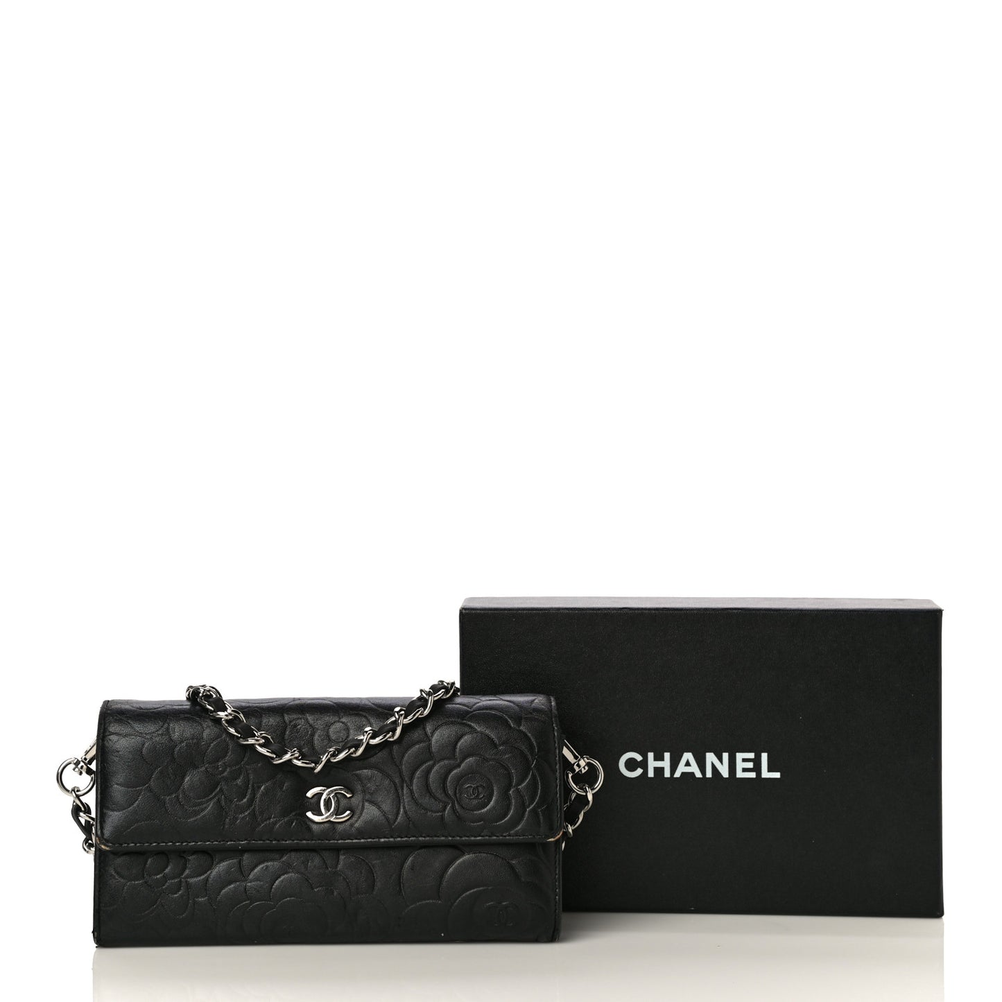 Lambskin Camellia Embossed Wallet on Chain WOC Black