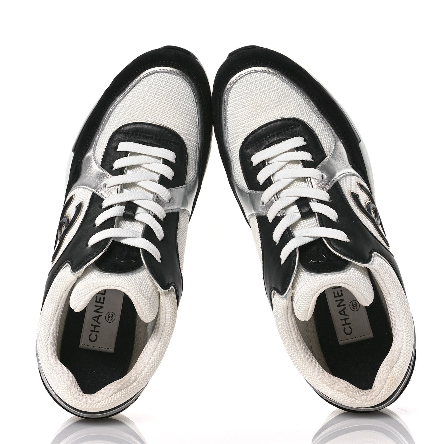 Mesh Suede Calfskin Grained Calfskin Womens CC Sneakers 39.5 Black White Silver