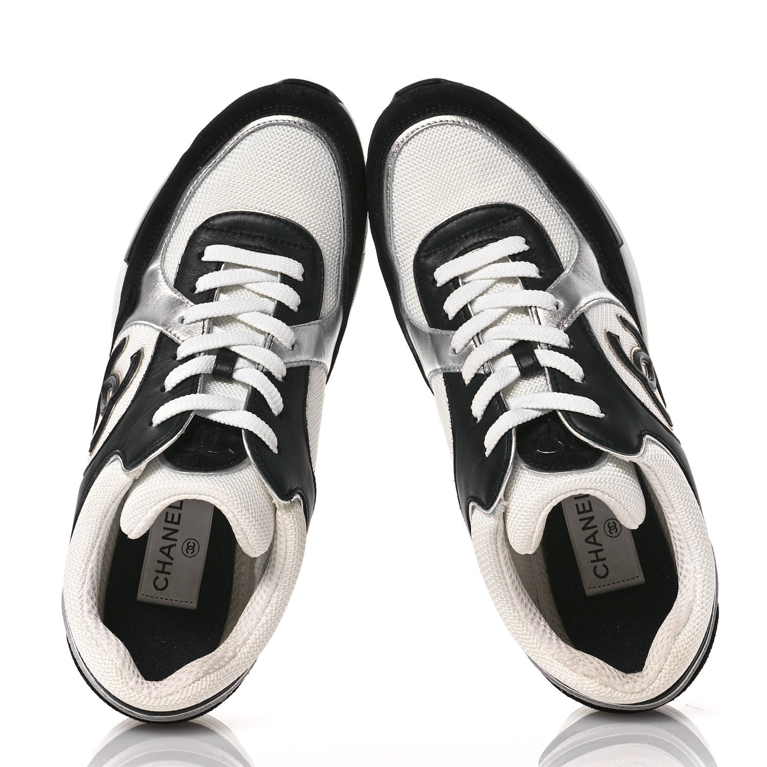 Chanel Mesh Suede Calfskin Grained Calfskin Womens CC Sneakers 39.5 Black White Silver 2 of 9