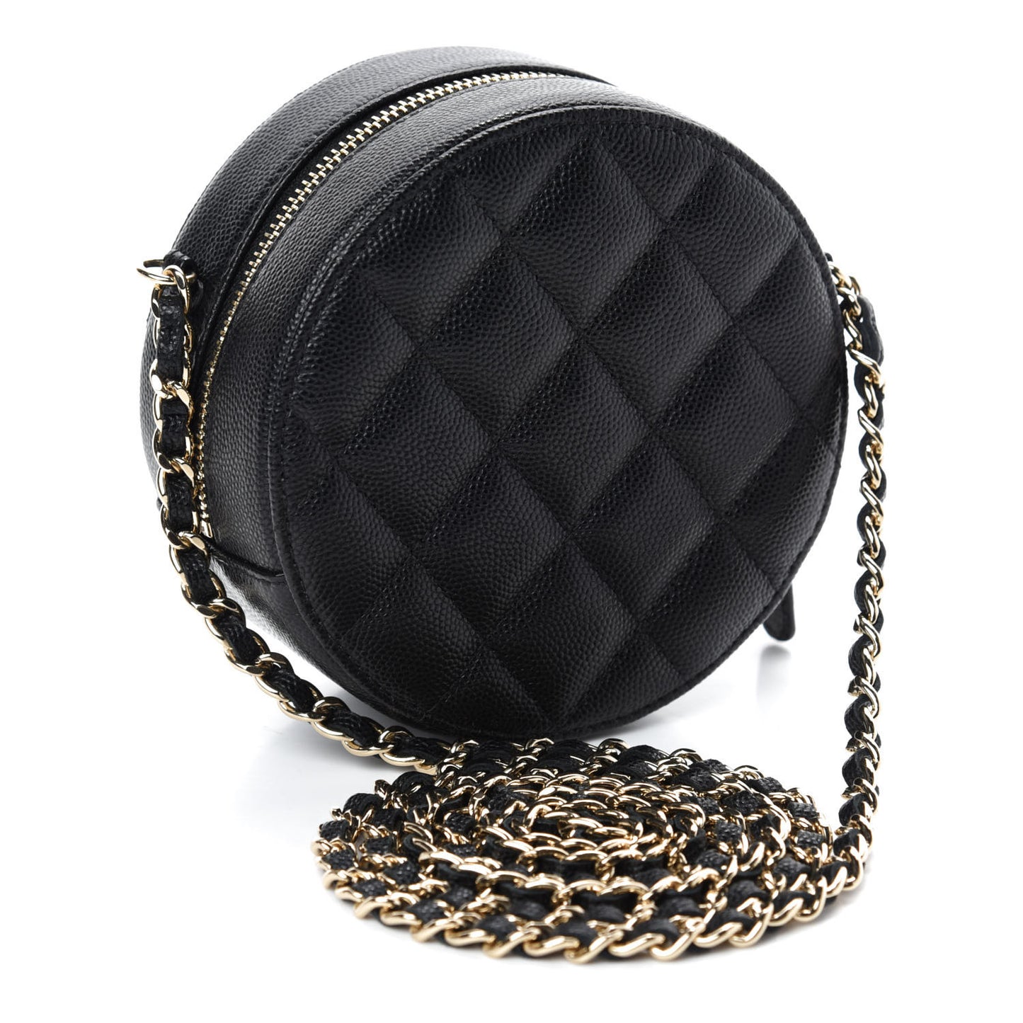 Caviar Quilted Round Clutch With Chain Black