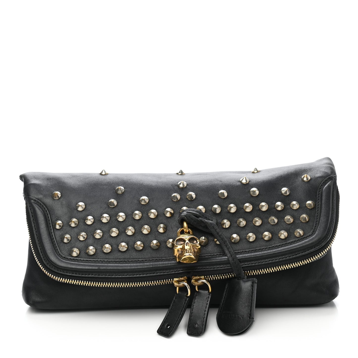 Smooth Calfskin Studded Padlock Skull Clutch Black