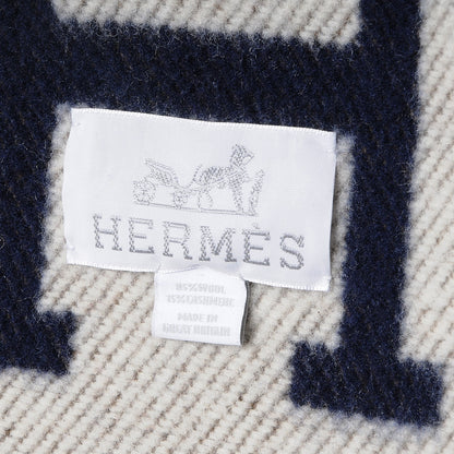 Hermes Wool Cashmere Signature Avalon Blanket Navy Ecru 5 of 5