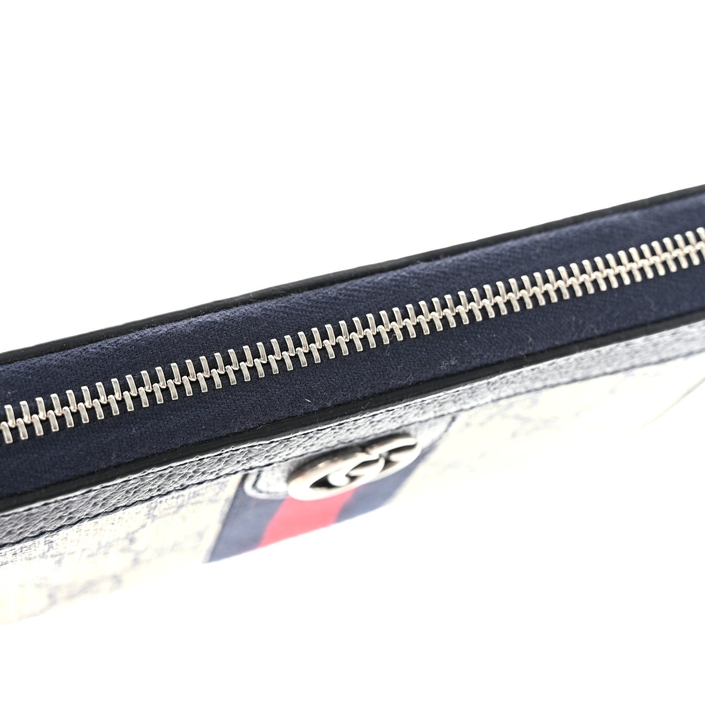 GG Supreme Monogram Textured Dollar Calfskin Web Ophidia Zip Around Wallet Beige Blue