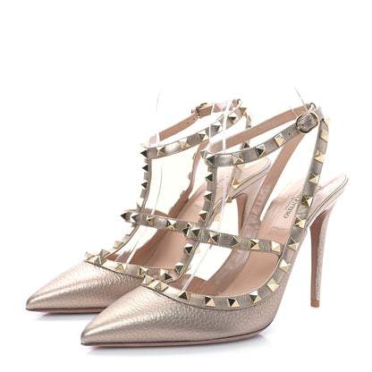 Valentino Garavani Metallic Pebbled Calfskin Rockstud Ankle Strap 100mm Pumps 39.5 Skin 3 of 8