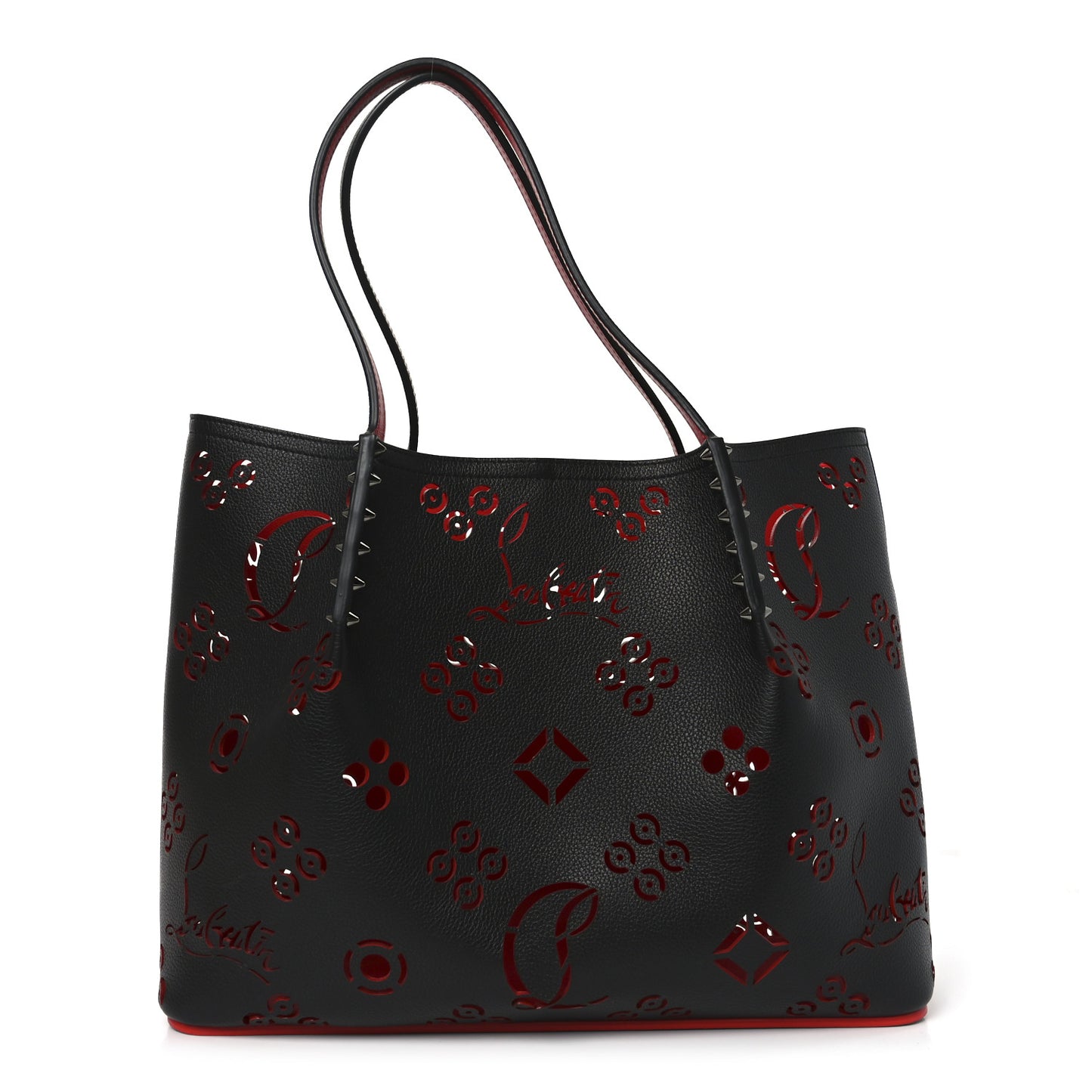 Calfskin Loubinthesky Large Perforated Cabarock Spikes Tote Black