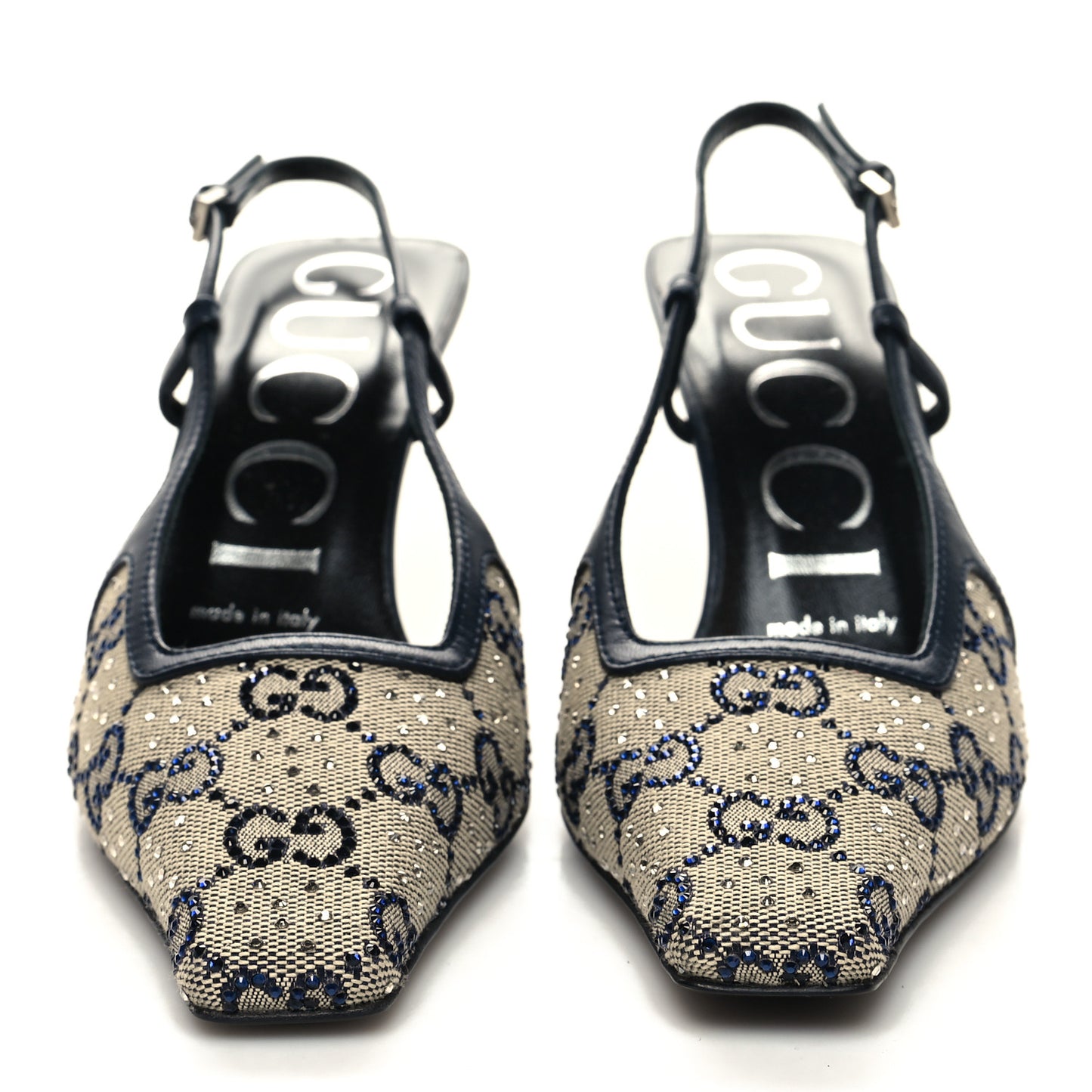 GG Monogram Malaga Kid Crystal Square G 75mm Slingback Pumps 35.5 Beige Blue