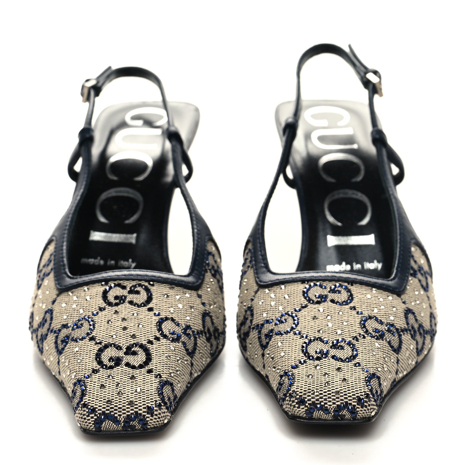 Gucci GG Monogram Malaga Kid Crystal Square G 75mm Slingback Pumps 35.5 Beige Blue 2 of 8