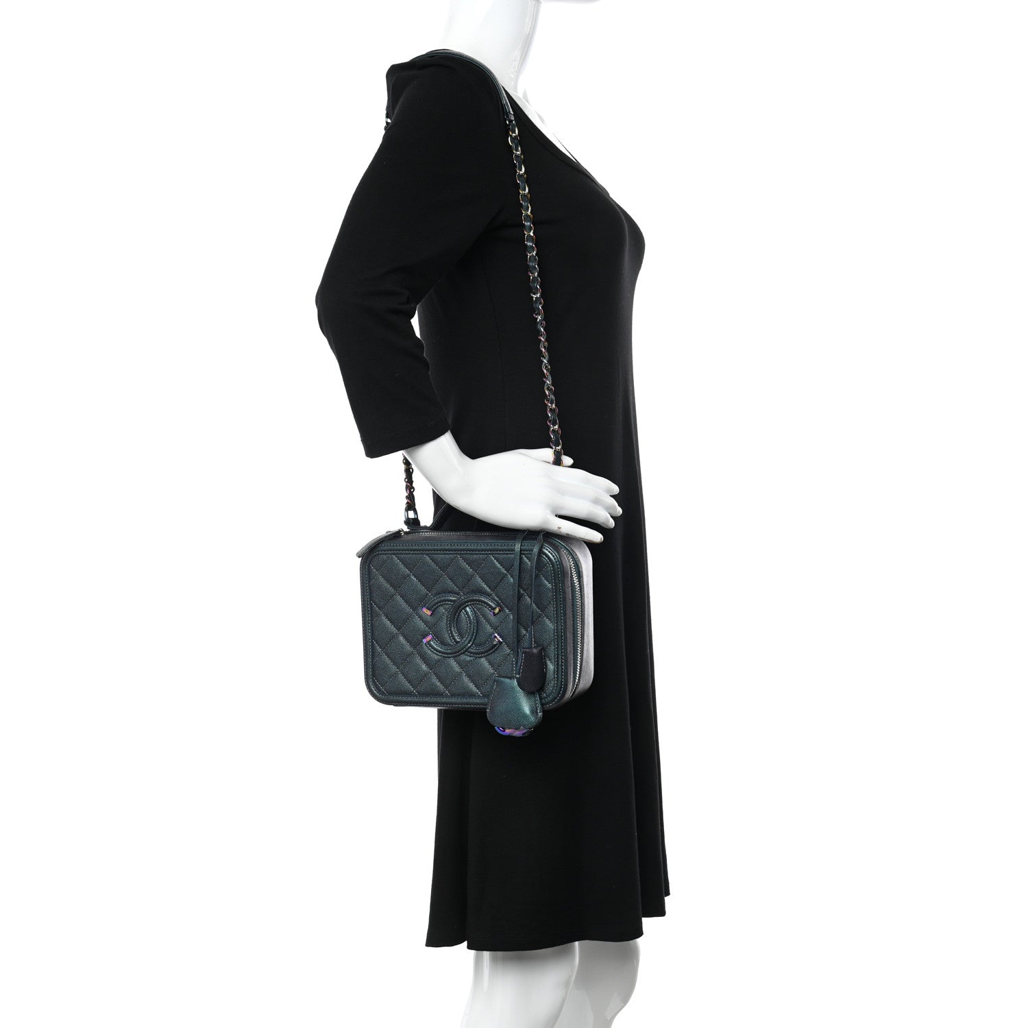 Chanel Iridescent Caviar Quilted Medium CC Filigree Vanity Case Dark Turquoise 2 of 13