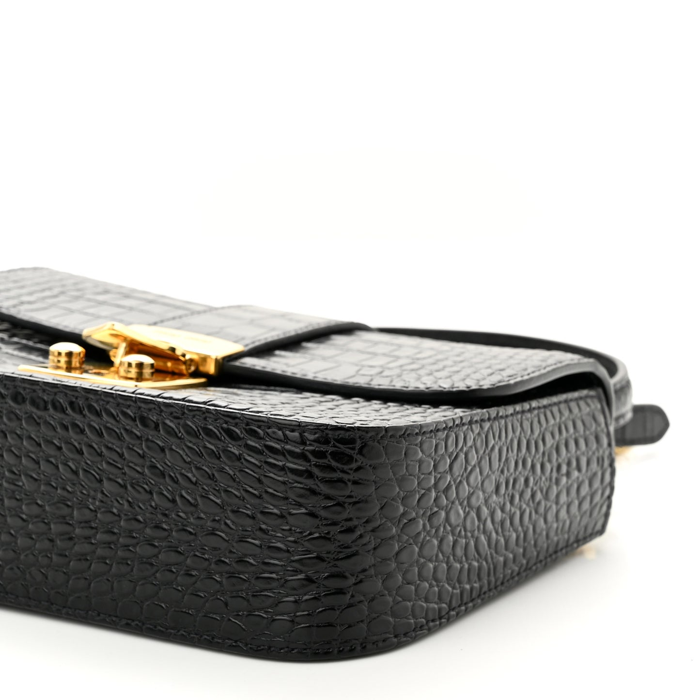 Crocodile Print Calfskin Top Handle Bag Black