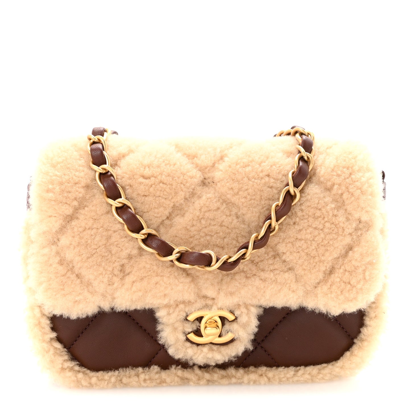 Shearling Lambskin Quilted Mini Furry Coco Flap Beige Dark Brown