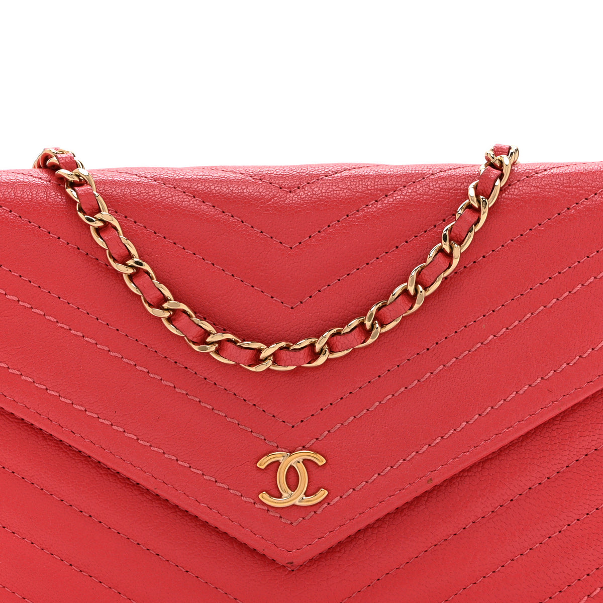 Chanel Shiny Goatskin Chevron Quilted Statement Wallet On Chain WOC Red 9 of 12