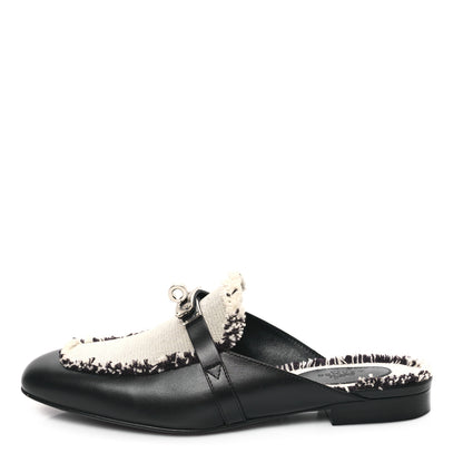 Hermes Toile Calfskin Fringe Womens Oz Mules 36.5 Black Prunoir 1 of 10