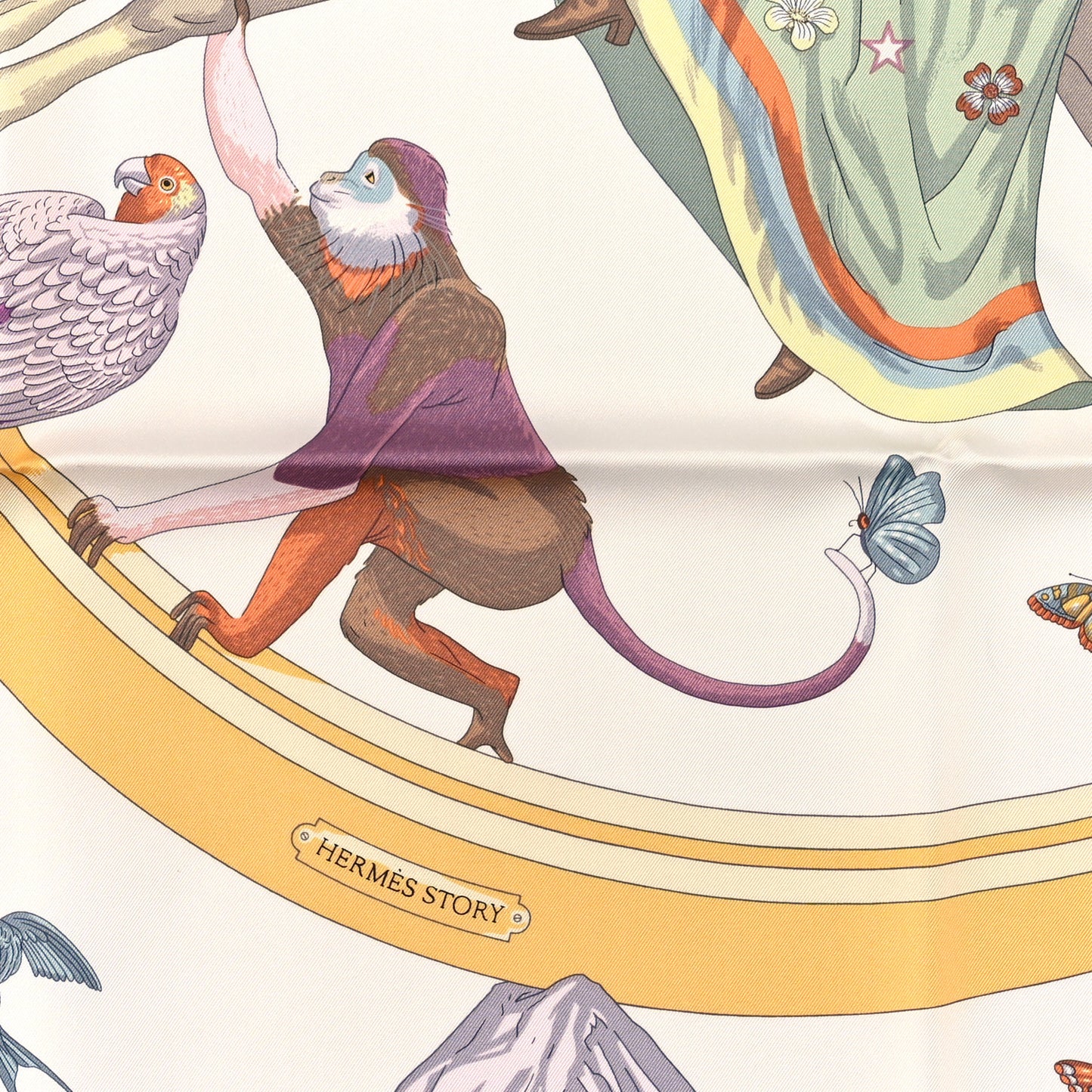 Silk Hermes Story Scarf 90 White Beige Multicolor