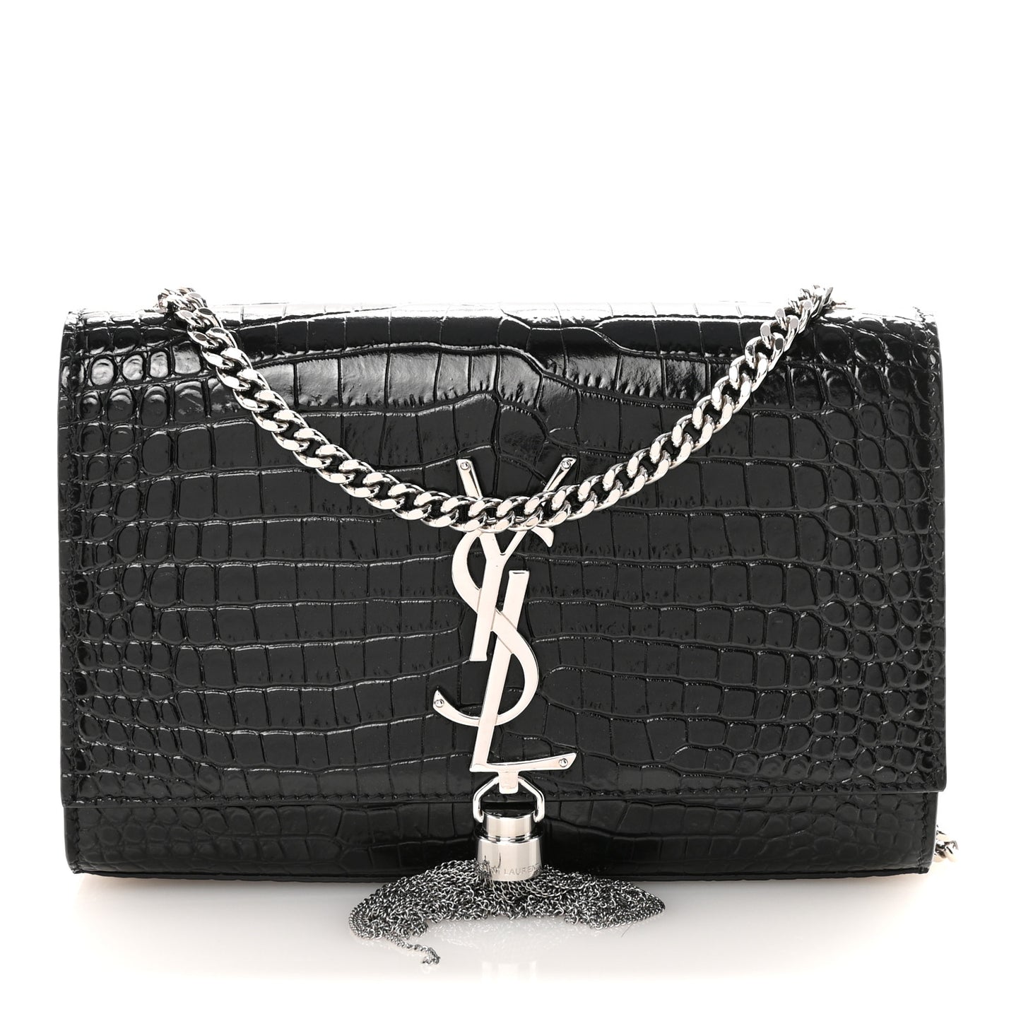 Calfskin Crocodile Embossed Small Classic Monogram Kate Tassel Satchel Black
