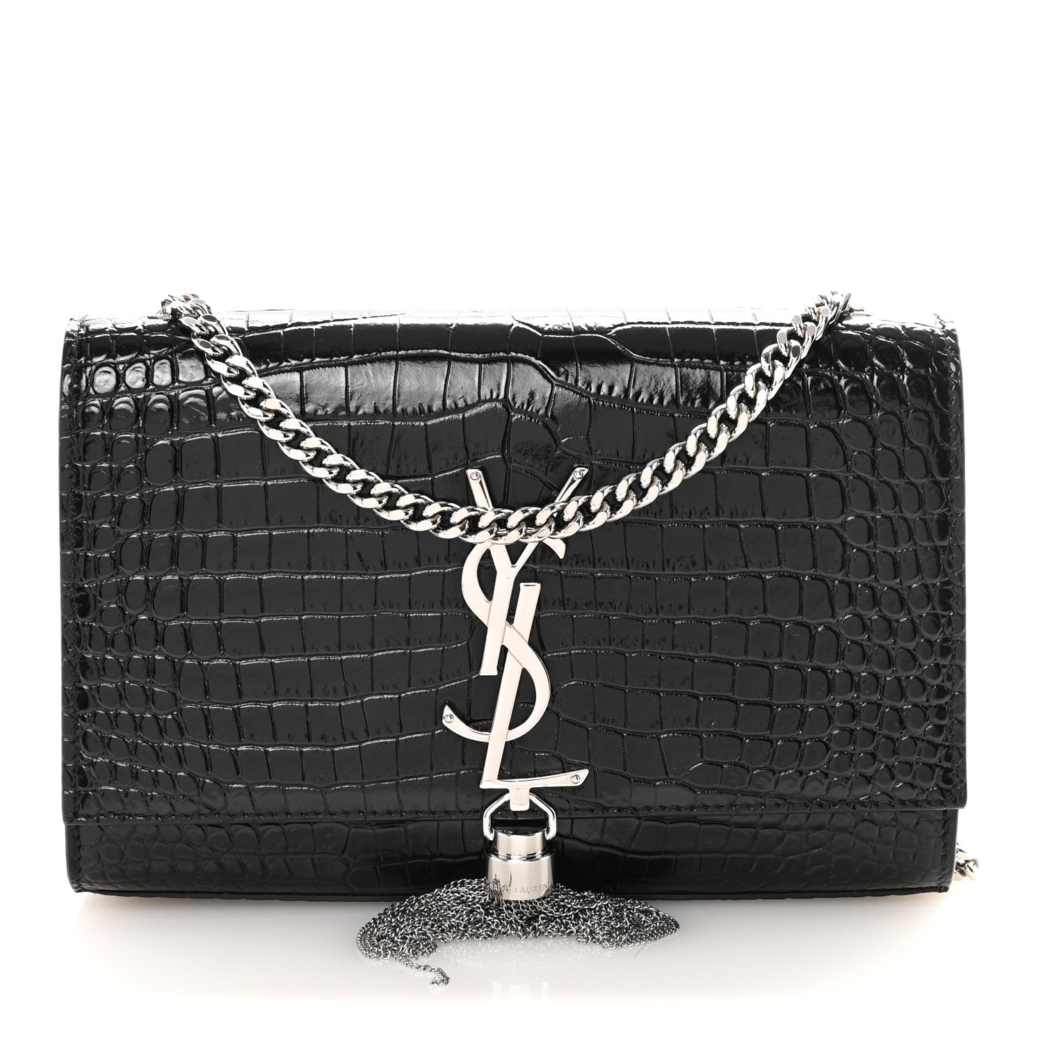 Saint Laurent Calfskin Crocodile Embossed Small Classic Monogram Kate Tassel Satchel Black 1 of 9