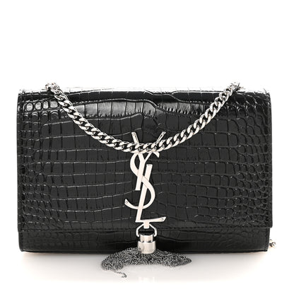 Saint Laurent Calfskin Crocodile Embossed Small Classic Monogram Kate Tassel Satchel Black 1 of 9