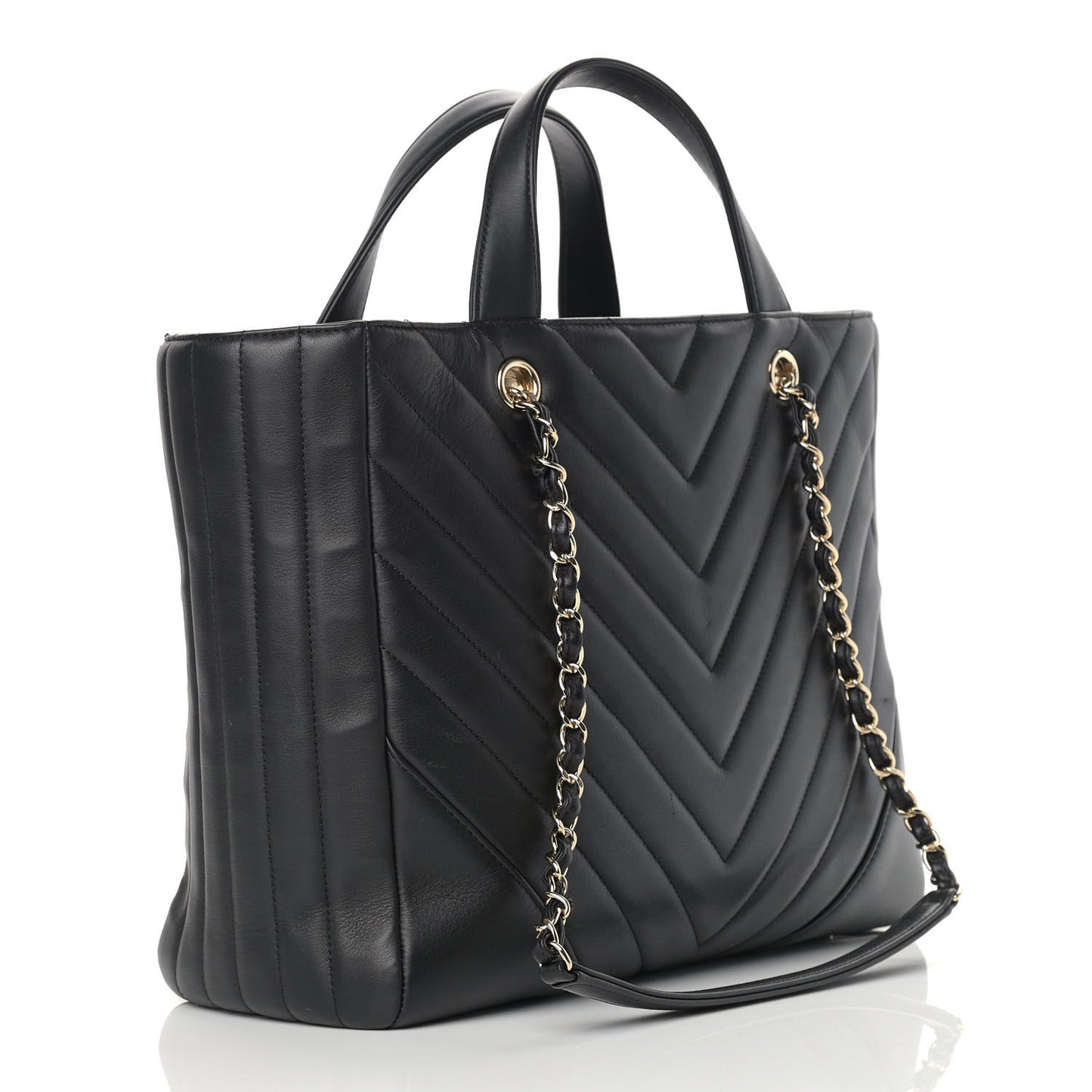 Calfskin Chevron Quilted Large Shopping Tote Black