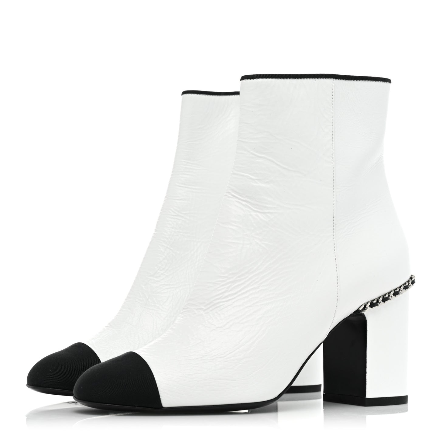 Laminated Lambskin Grosgrain Cap Toe Chain Short Boots 37.5 White Black