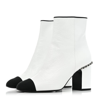 Chanel Laminated Lambskin Grosgrain Cap Toe Chain Short Boots 37.5 White Black 3 of 9