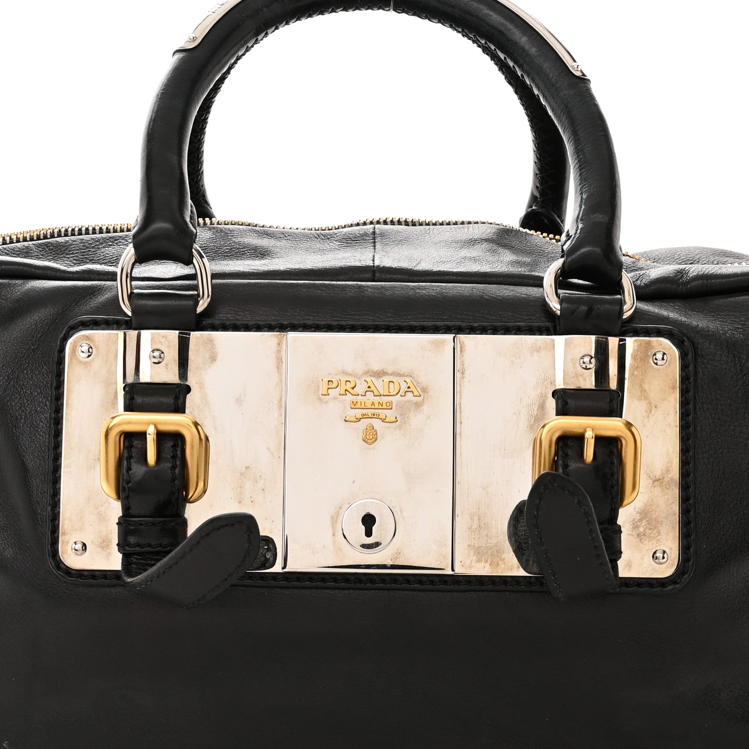 Prada Glace Calfskin Zippers Plaque Boston Black 7 of 10