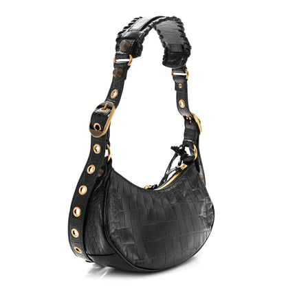 Balenciaga Extra Supple Calfskin Crocodile Embossed Le Cagole Shoulder Bag XS Black 4 of 11