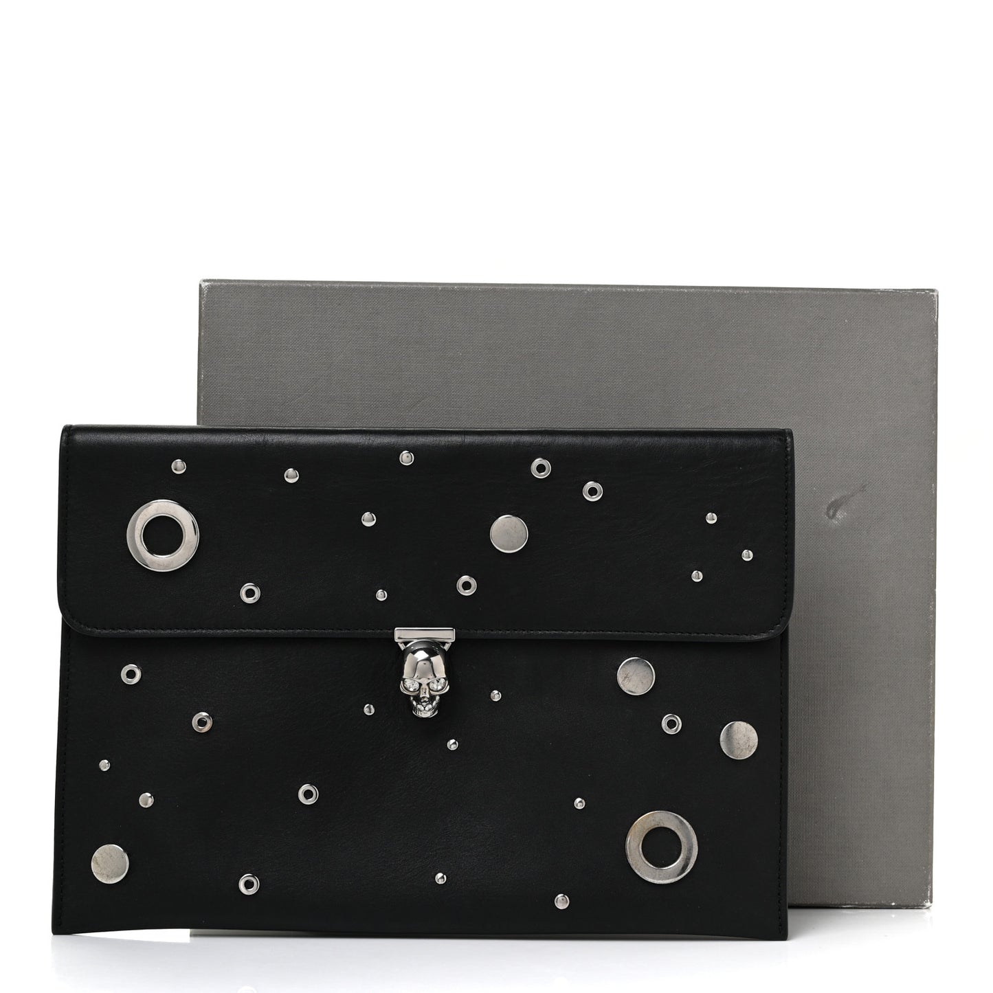 Calfskin Grommet Skull Envelope Clutch Black