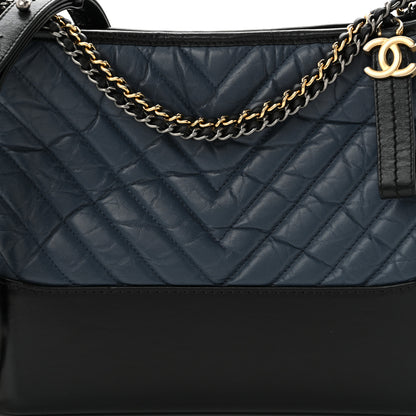 Chanel Aged Calfskin Chevron Quilted Medium Gabrielle Hobo Navy Black 8 of 10