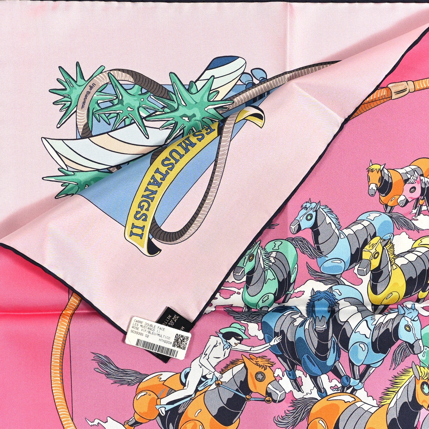 Hermes Silk Les Mustangs Double Face Scarf 90 Rose Vif Bleu Multicolor 4 of 6