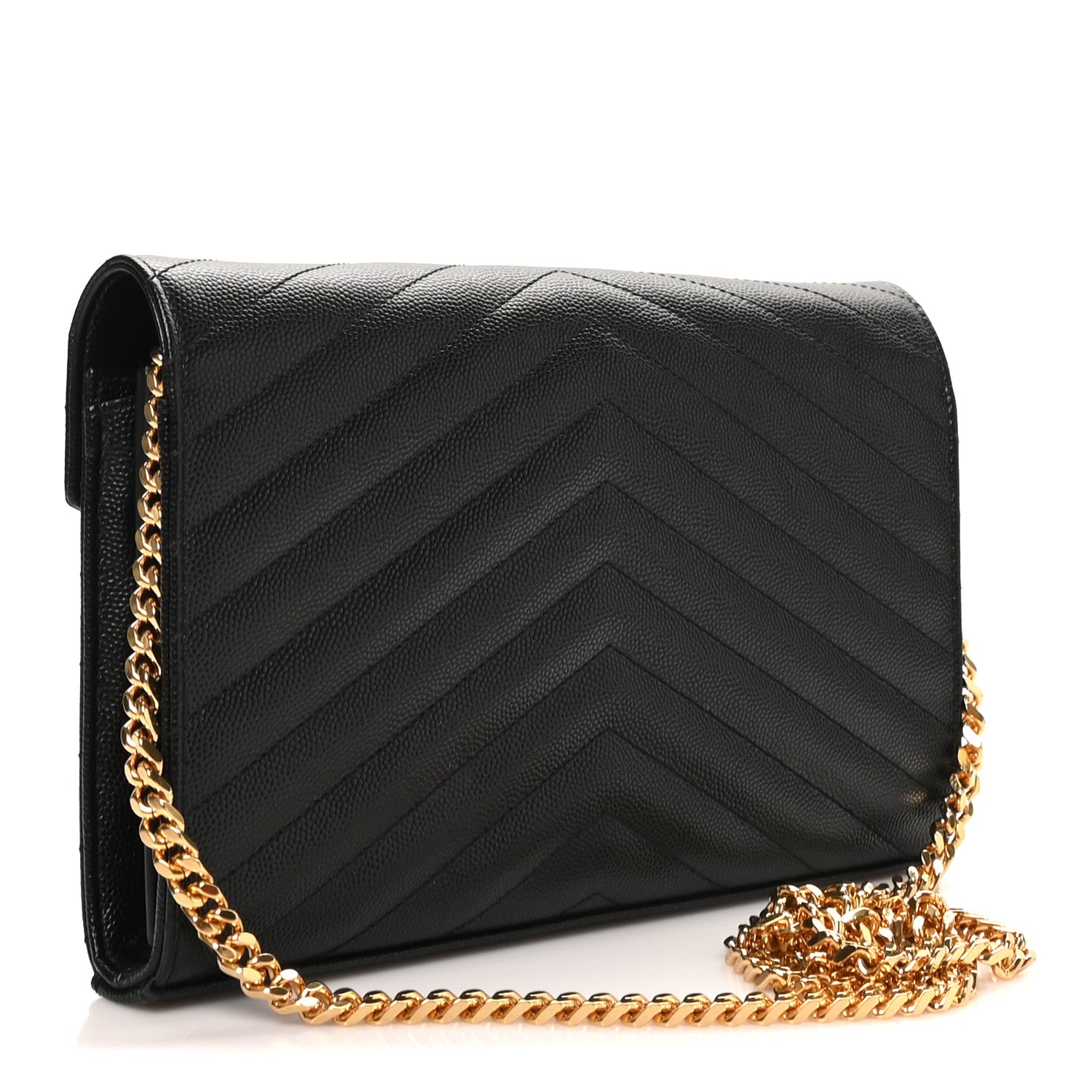 Saint Laurent Grain De Poudre Matelasse Chevron Monogram Chain Wallet Black 3 of 9