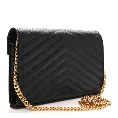Saint Laurent Grain De Poudre Matelasse Chevron Monogram Chain Wallet Black 3 of 9