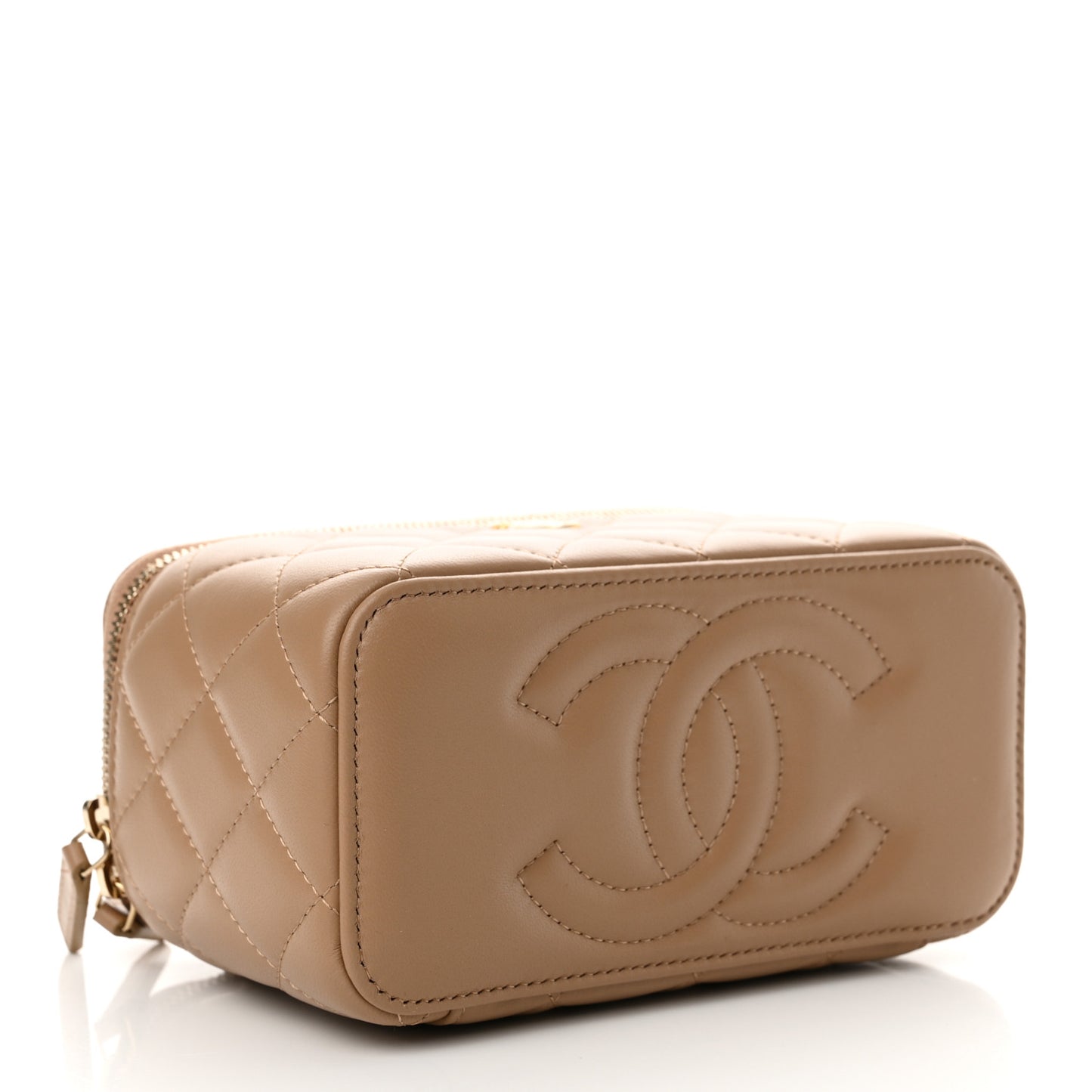 Lambskin Quilted Pearl Crush Small Vanity Case With Chain Dark Beige