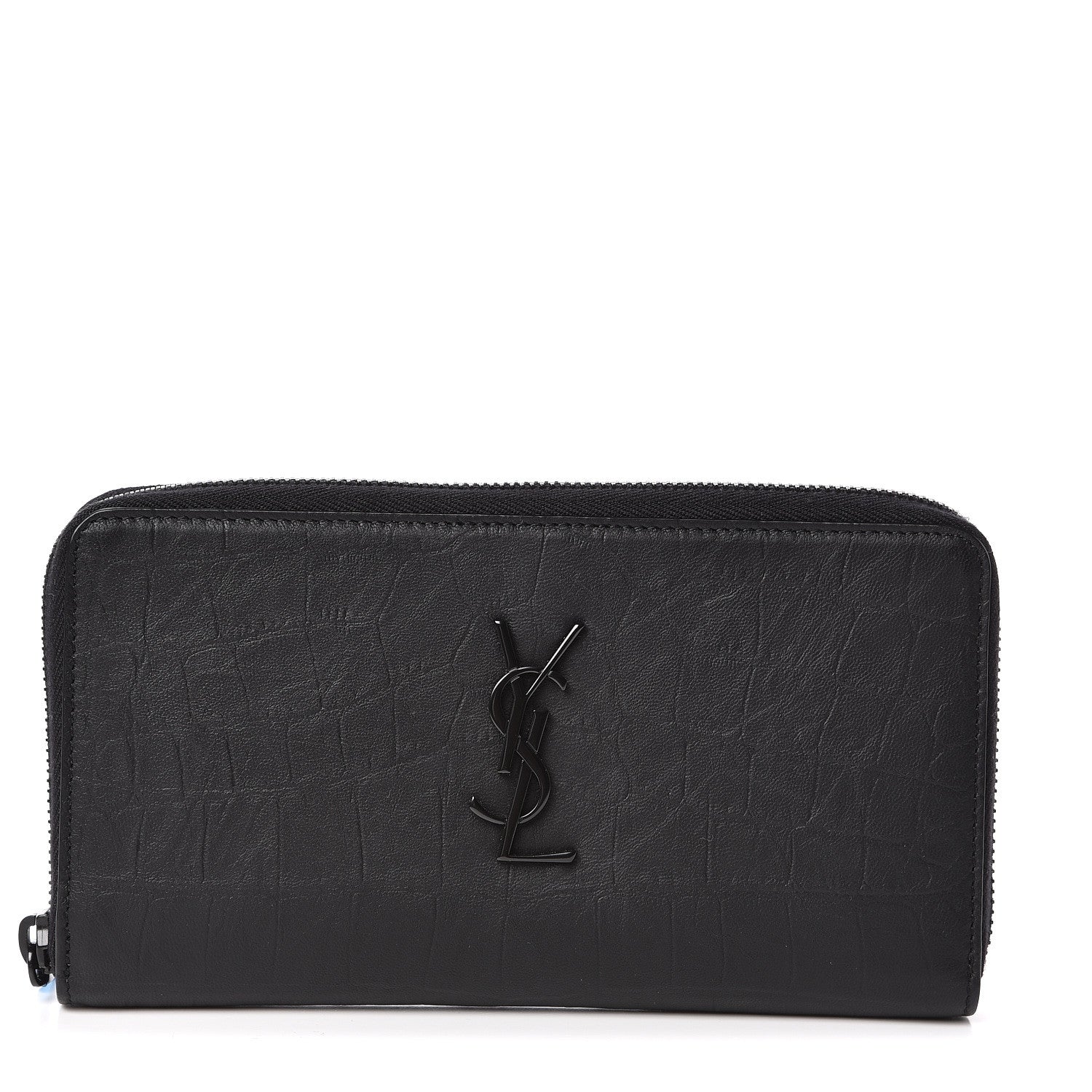 Saint Laurent Crocodile Embossed Sheepskin Mens Zip Around Continental Wallet Black 1 of 7