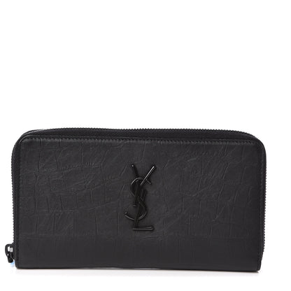 Saint Laurent Crocodile Embossed Sheepskin Mens Zip Around Continental Wallet Black 1 of 7