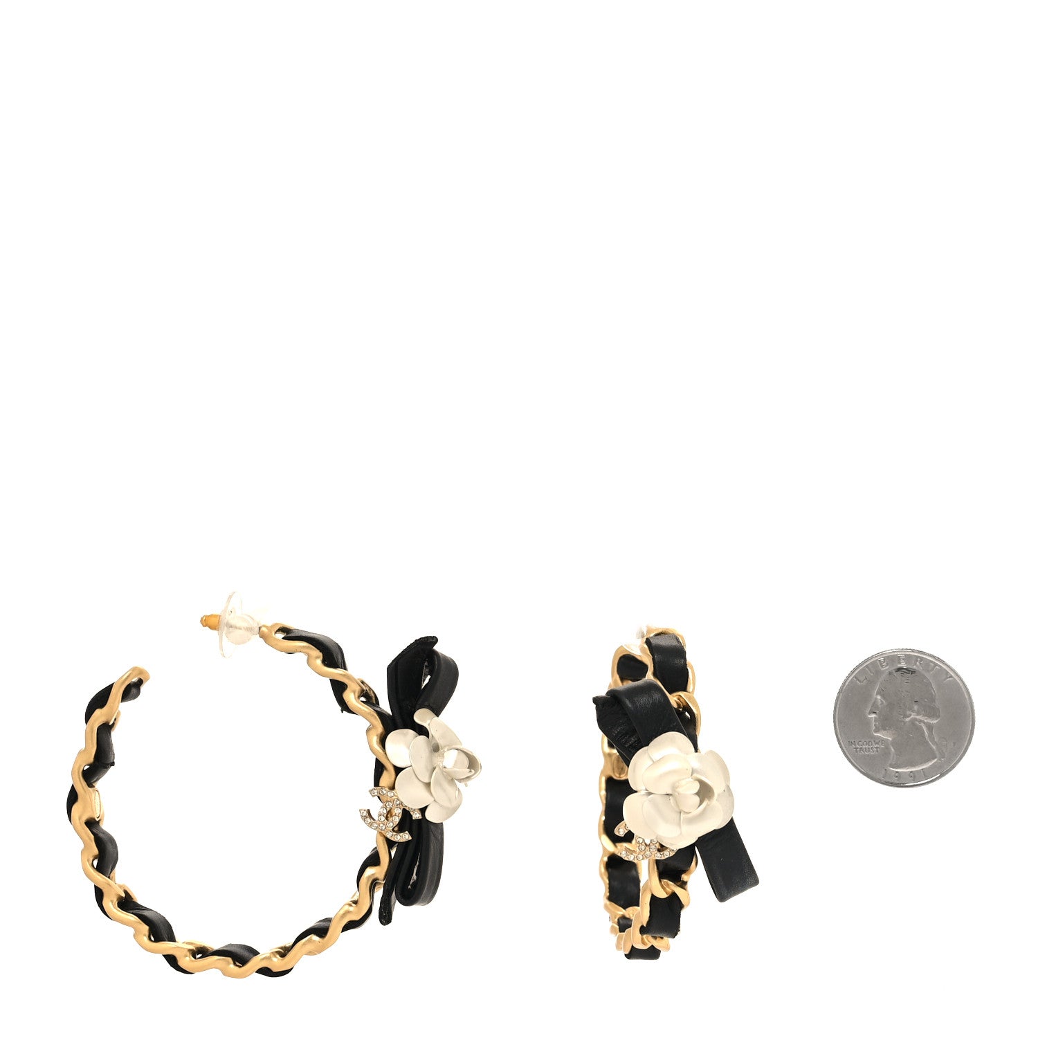 Chanel Lambskin Crystal CC Camelia Chain Hoop Earrings Gold Black White 2 of 5