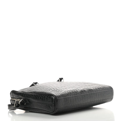 Saint Laurent Calfskin Crocodile Embossed Duffle Briefcase Black 4 of 10