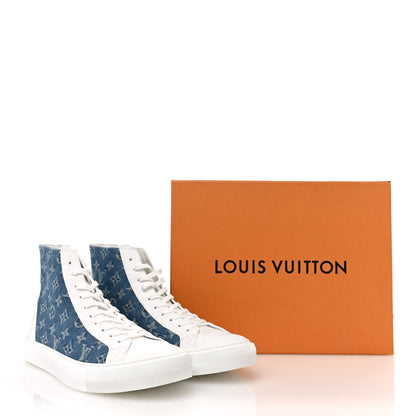 Louis Vuitton Calfskin Denim Monogram Mens Tattoo Sneaker Boots 11 White Blue 12 of 12