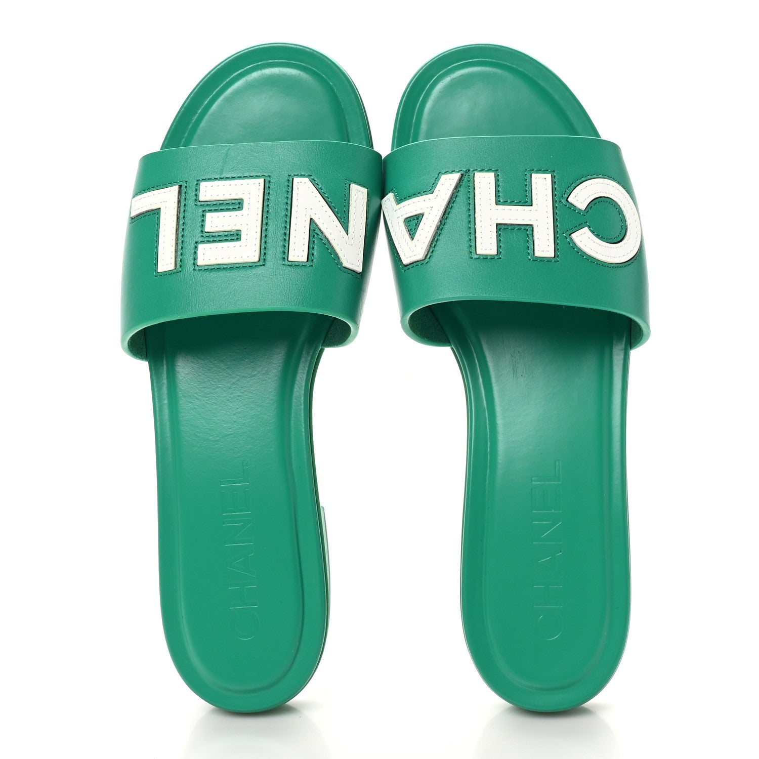 Chanel Calfskin Patent Calfskin Logo Mules 38.5 Green White 2 of 9