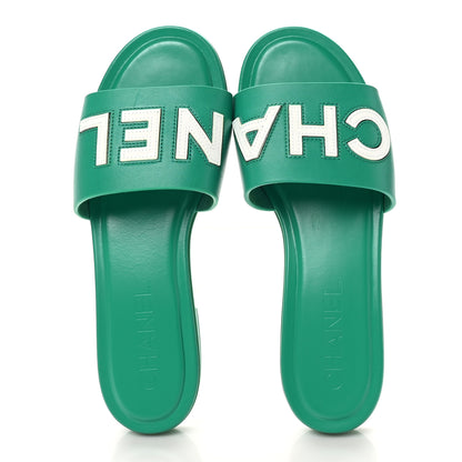 Chanel Calfskin Patent Calfskin Logo Mules 38.5 Green White 2 of 9