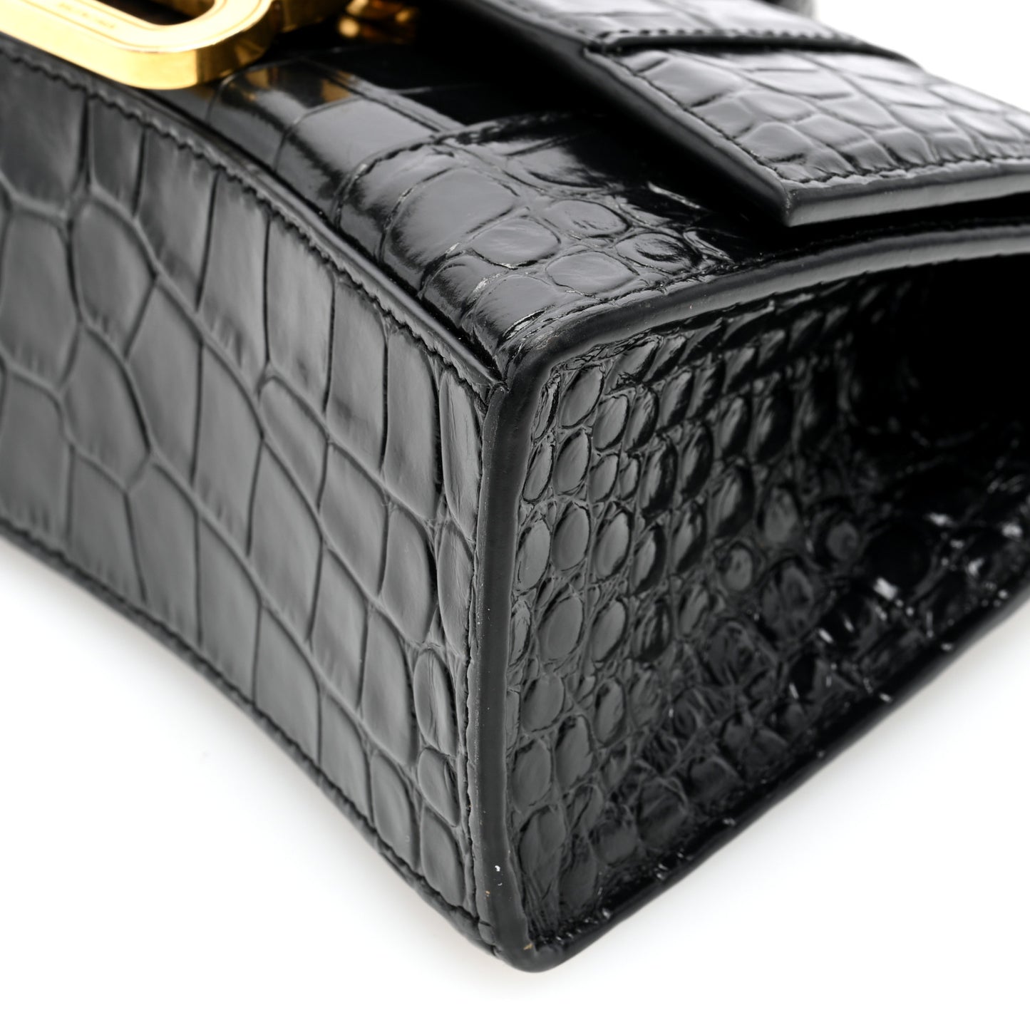 Shiny Calfskin Crocodile Embossed Hourglass Top Handle Bag XS Black
